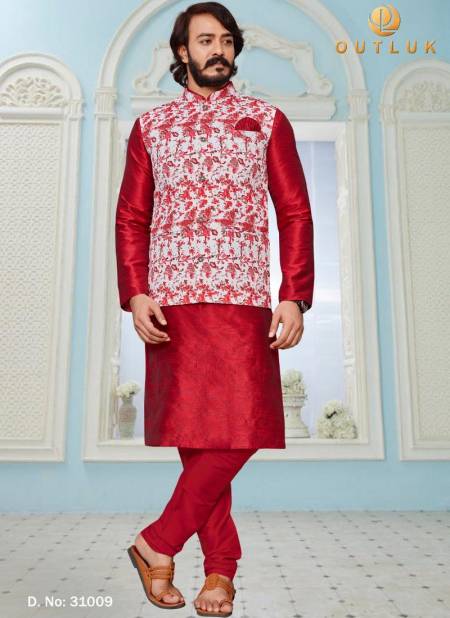 Red And Off White Colour Exclusive Festive Wear Digital Art Silk Printed Kurta Pajama With Jacket Mens Collection 31009